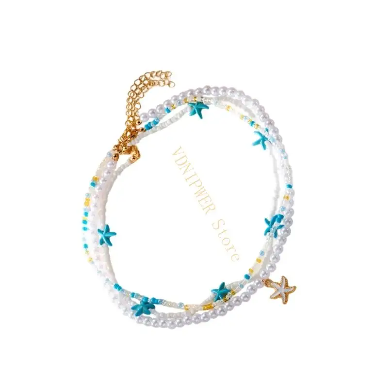 قلادة من الخرز مع السلاحف البحرية المصنوعة يدويًا شل نجمات نجمات قلادة ترقاء سلسلة مجوهرات متعددة الطبقات لقضاء العطلة D08E