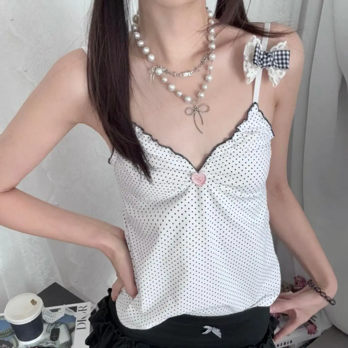 Subculture Y2k Crop Top Vest Women V-Neck Sexy Kawaii Clothing T-shirts Outwear Casual Harajuku Tees Dot Korean Fashion Chic