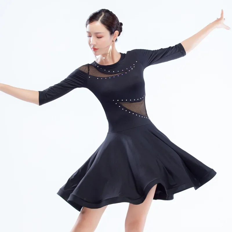 2021 Summer Adult Latin Dress Sexy Mesh Long-Sleeved New Fashion Dance Dress Performance Practice Ballroom Tango Cha Cha Clothes