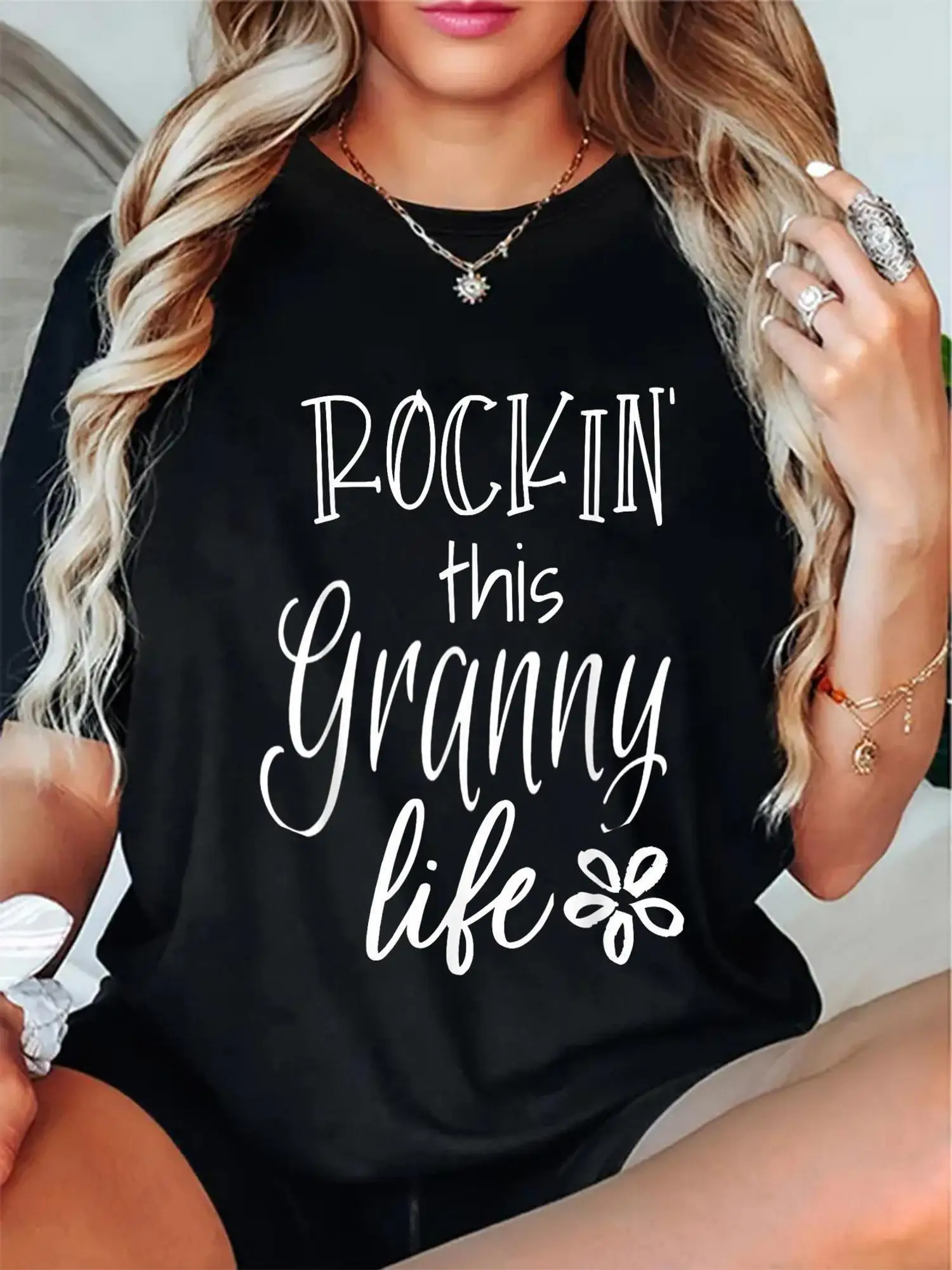 

Granny Life 100% повседневная футболка с круглым вырезом женская с коротким рукавом черная с белыми надписями цветочный дизайн идеальный подарок повседневная одежда