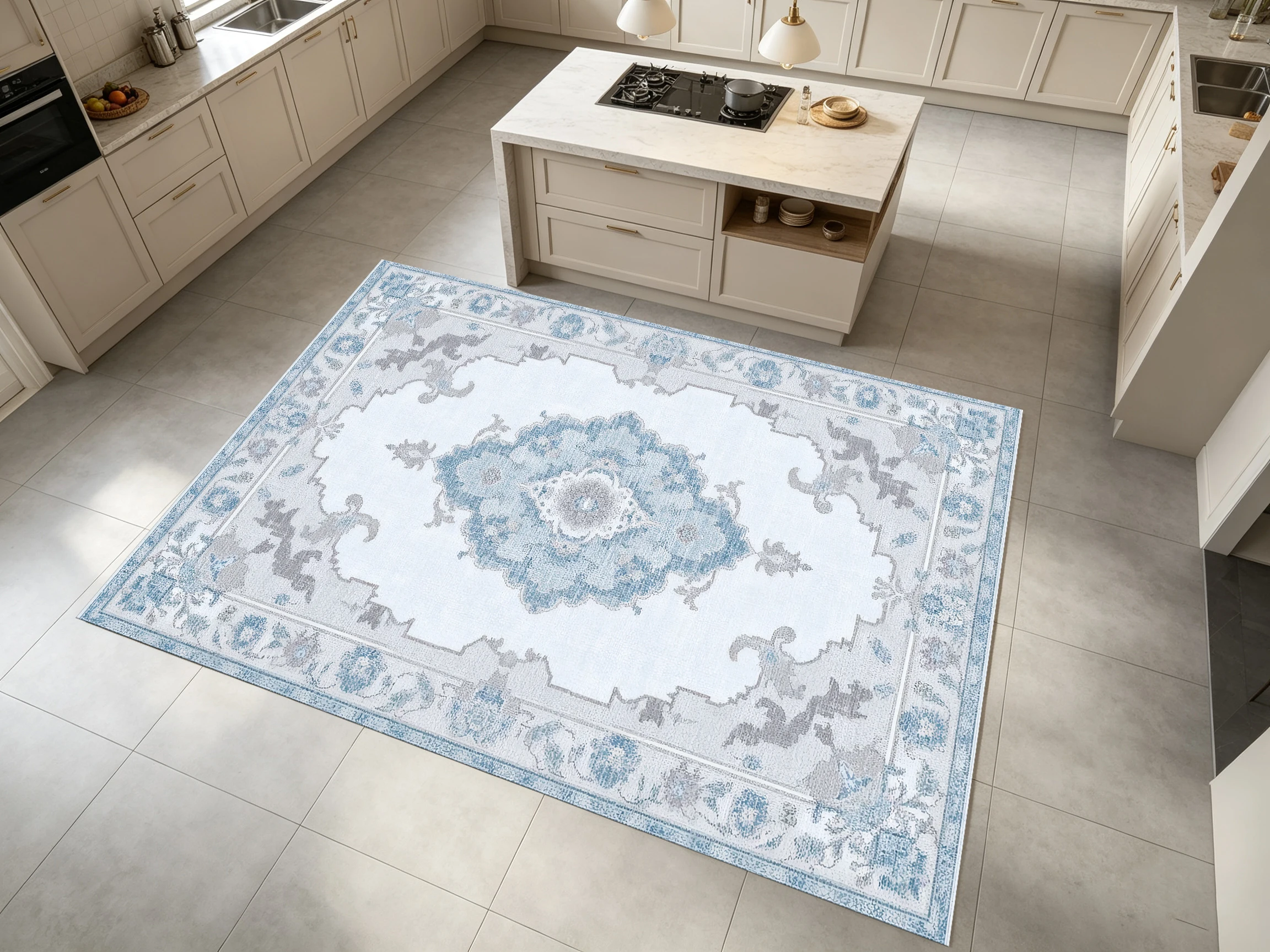 European Classic Pattern 2D Rug, Light Blue and Off-White, Retro Style, Soft to the Touch, Suitable for Living Room and