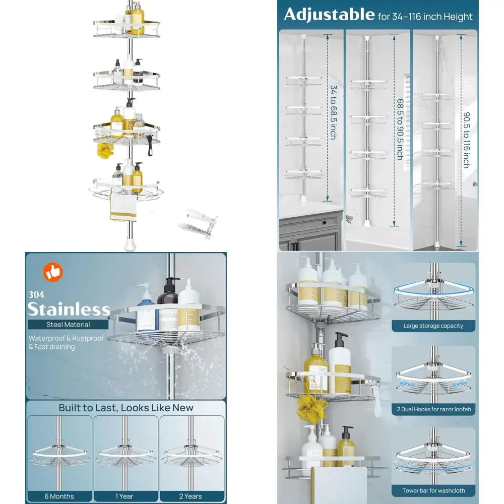 

Органайзер для душа с 4 регулируемыми полками, конструкция с телескопической штангой, подходит для высоты 34-116 дюймов