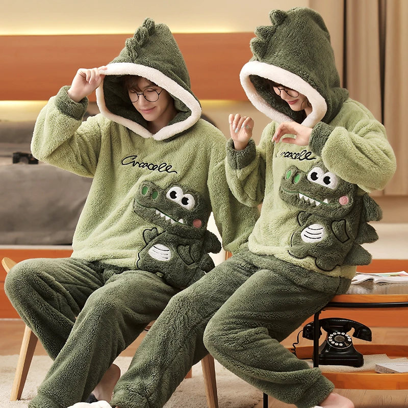 

Winter Couple Pajamas Set Thicken Women Men Sleepwear Pajama Cute Dinosaur Soft Warm Lovers Adult Homewear Hoodies Pyjamas Suit