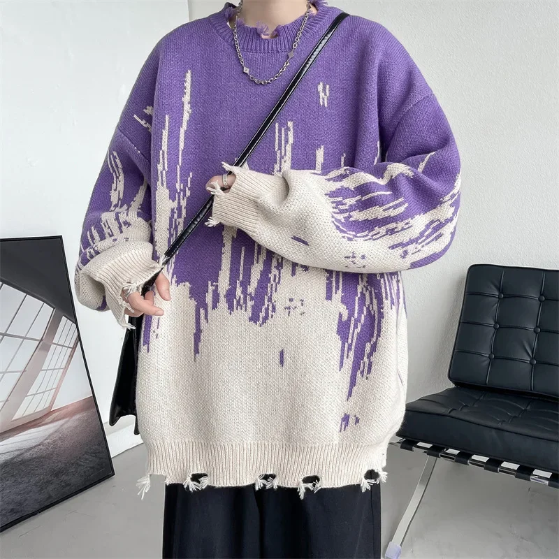 

Japanese Lazy Vintage Sweater Men's 2023 Autumn/Winter New Casual Ragged Edge Hole Knitted Shirt Large Round Neck Coat