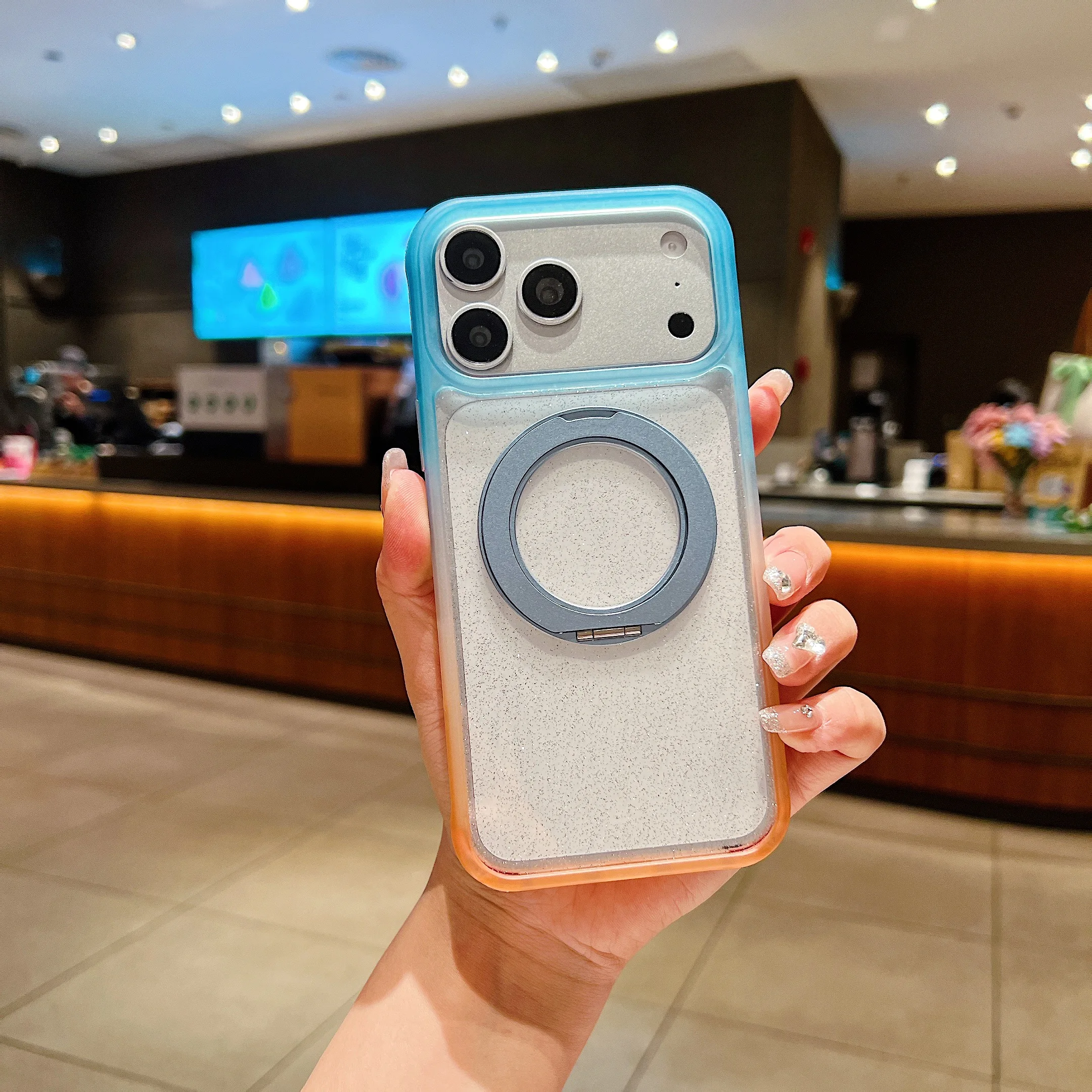 

360 Rotating Magnetic Kickstand Gradient Glitter Case for iPhone 17 Pro Max 16 15 Shockproof for Magsafe Slim Skin Feel Cover