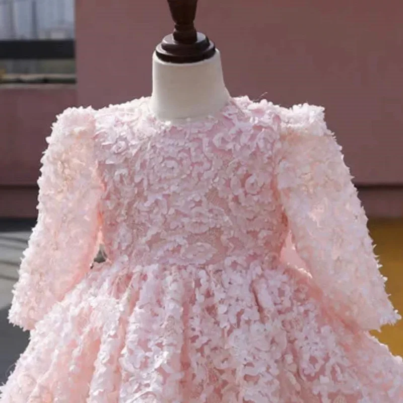 Toddler Baby Baptism Dress 1 Year Birthday Long Sleeve Pink Lace Baby Girl Clothing Princess Party Christening Tutu Gown Vestido