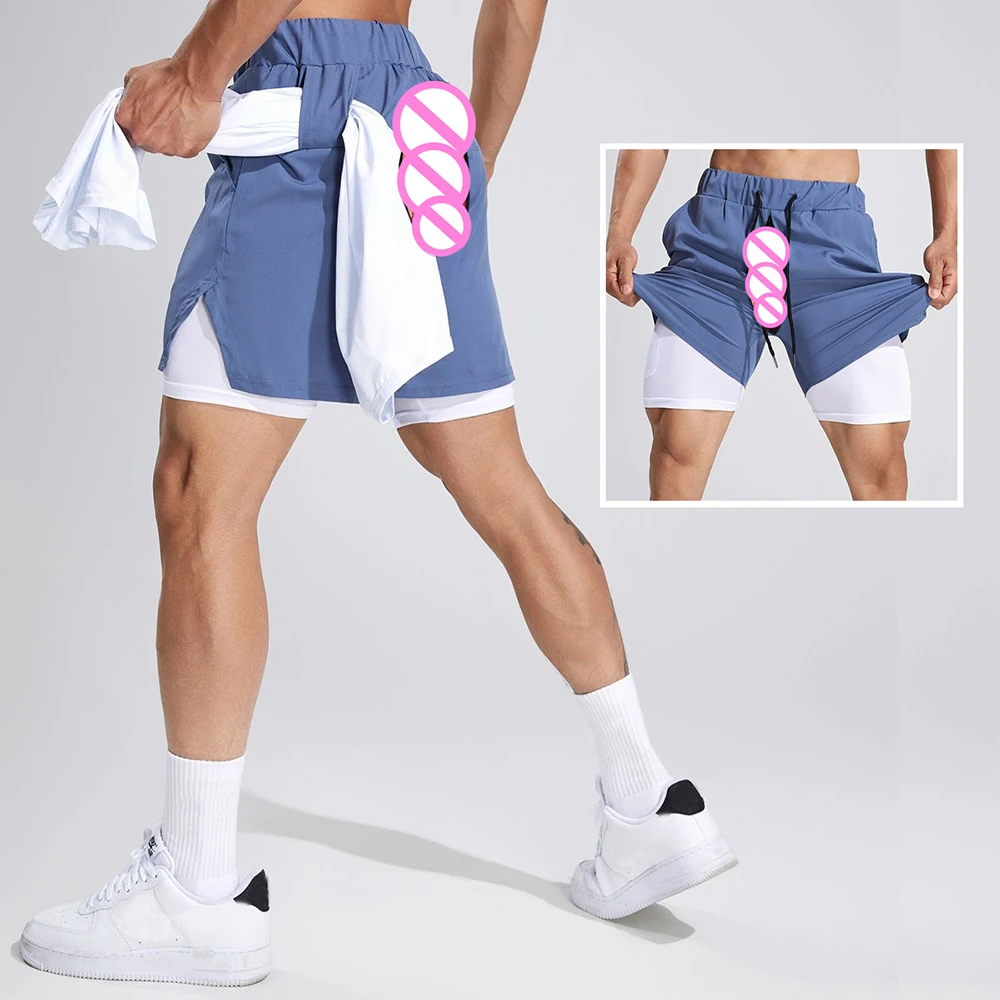 Invisible Open Crotch Outdoor Sex Fitness Sports Pants Summer Trend Men's Shorts Running Training Double Layer Short Trousers