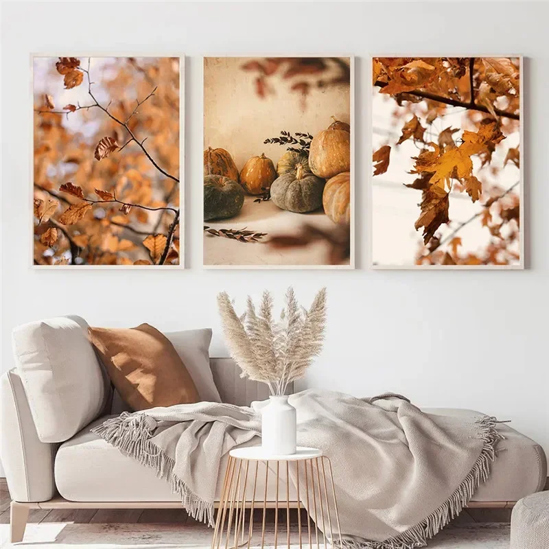 Wandkunst Leinwanddruck Herbstlandschaft Kürbisblätter Poster Ahornblatt Naturlandschaft Wohnzimmerdekoration Heim-Dekor