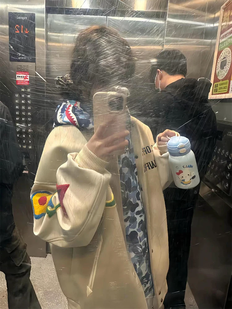 

Street Sle Baseball Jaet Women's Loose Oversize Embroidered Towel Design Sensation Couple's ort Outerwear