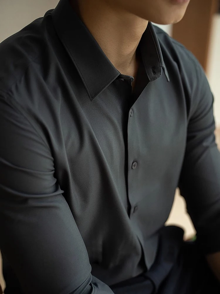 

European Sle Men's Long Sve irt Casual Iron-Free Pure Color Busin Casual Trendy Autumn New Arrival