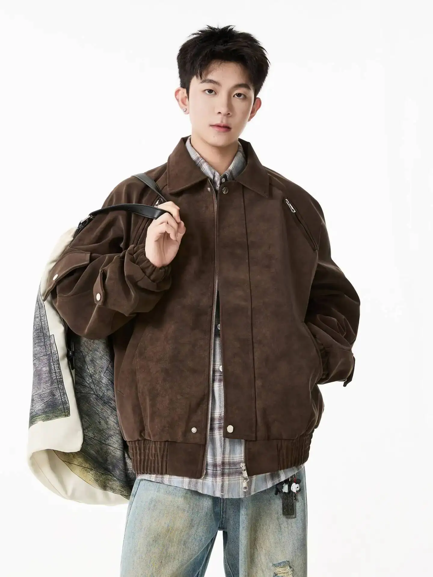 

Men's Jacket High Street Tie Dye Leather Jacket Cool Stylish Zip Design Biker Outerwear With Fashion Details