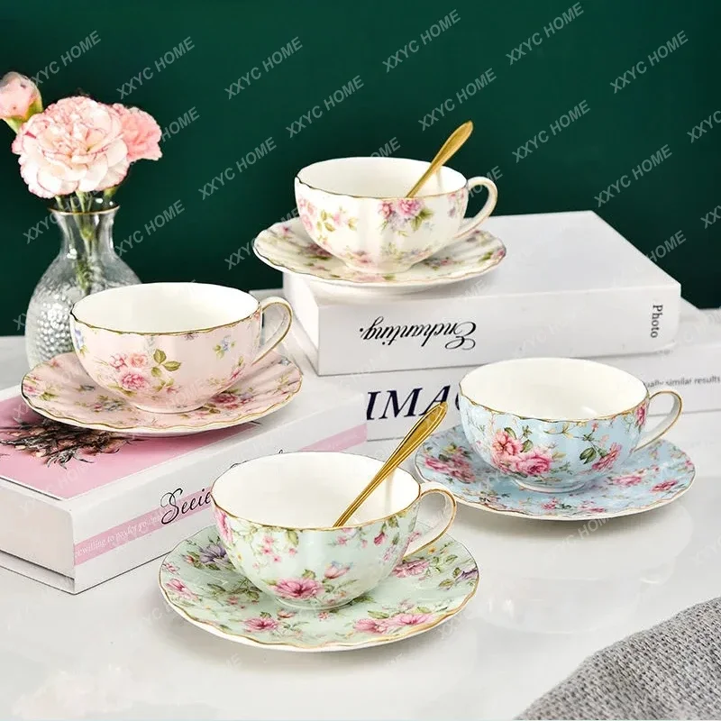 Ldyllic Flowers Tea Set Ceramic Coffee Cup Suit British Style High-Grade Bone China Golden edge Tea Cup And Saucer With A Spoon