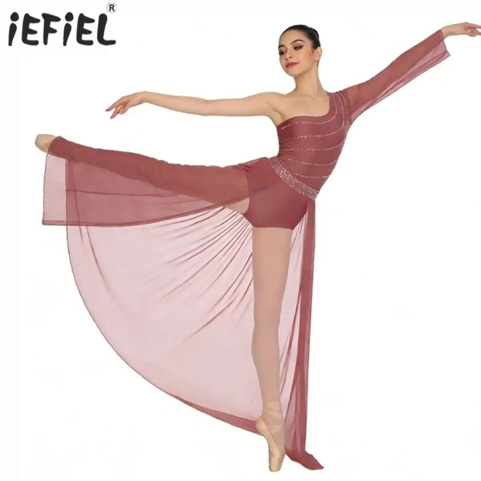 

Женский гимнастический балетный костюм для взрослых, лирический современный танцевальный костюм, прозрачное сетчатое платье с расклешенными рукавами и блестящими стразами, струящееся платье с разрезом