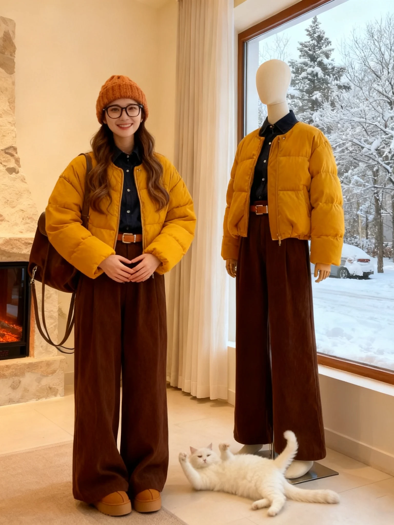 Ensemble Faion d'hiver pour femmes, manteau à pain ajusté, pantalon à jambes larges, taille haute, thermique, longue fermeture éclair, décontracté