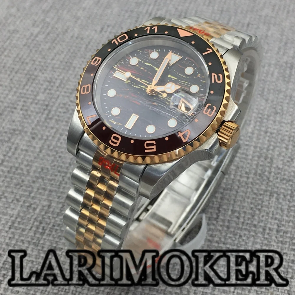 LARIMOKER 41MM Two Tone Rose Gold Men's Mechanical Watch NH35 Sapphire Glass Ceramic Bezel Meteorite Texture Dial Date Watch
