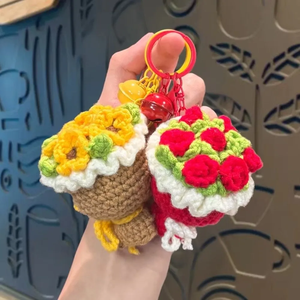 Handmade Crochet Bouquet Keychain with Bells Rose Key Chain Flower Bouquet Keychain Cute Flower Bag Pendant Home Decoration