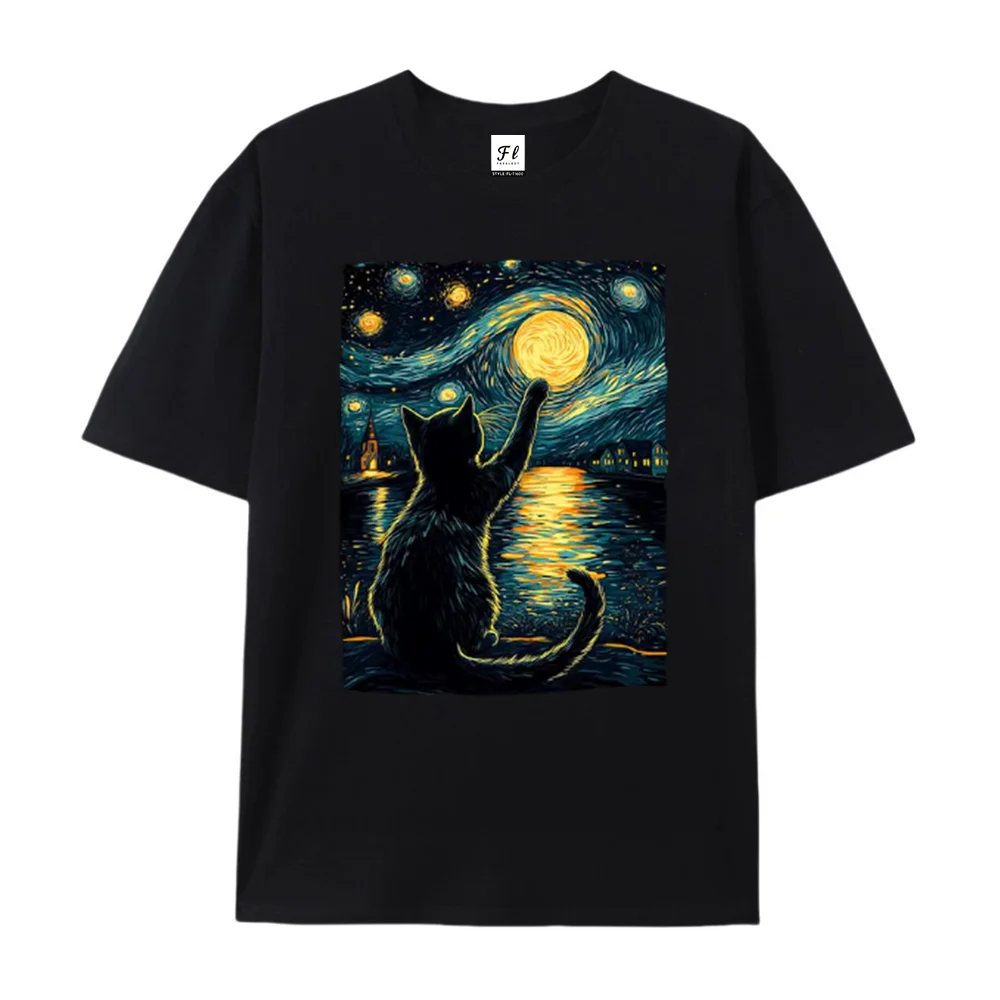 Unisex Starry Cat Graphic Print T-Shirt, Vintage Van Gogh Art Style Short Sleeve Cotton Casual Top