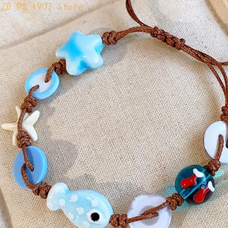 Lightweight 9g Elastic Ceramic Beads Blue Checkered Pattern Wristband 55KA