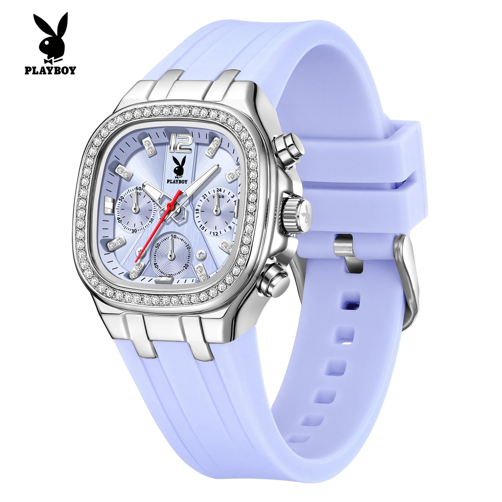 

PLAYBOY Women's Quartz Watches Comfortable Silicone Strap Luxury Diamond Bezel Chronograph Sports Wrist Watches for Woman 3076