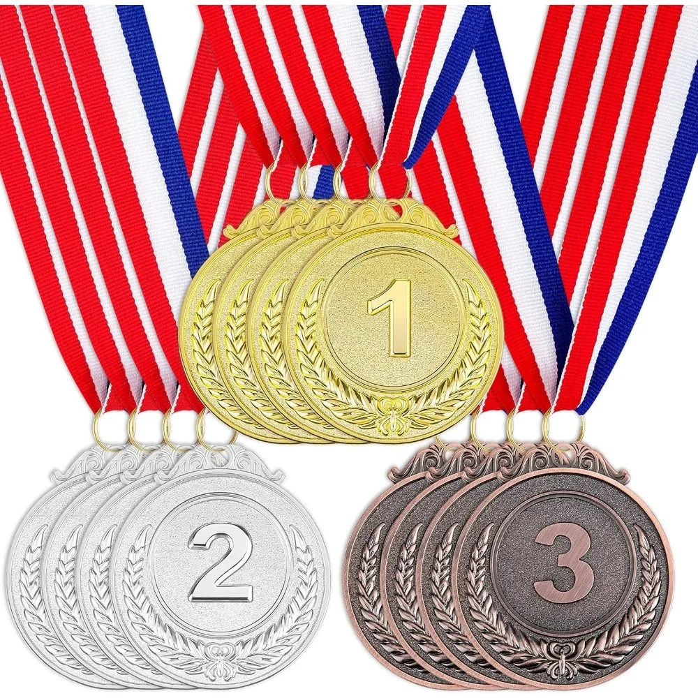 12 Pieces Award Medals 1st 2nd 3rd (Gold, Silver, Bronze) Metal Style Winner with Neck Ribbon, 2 Inches