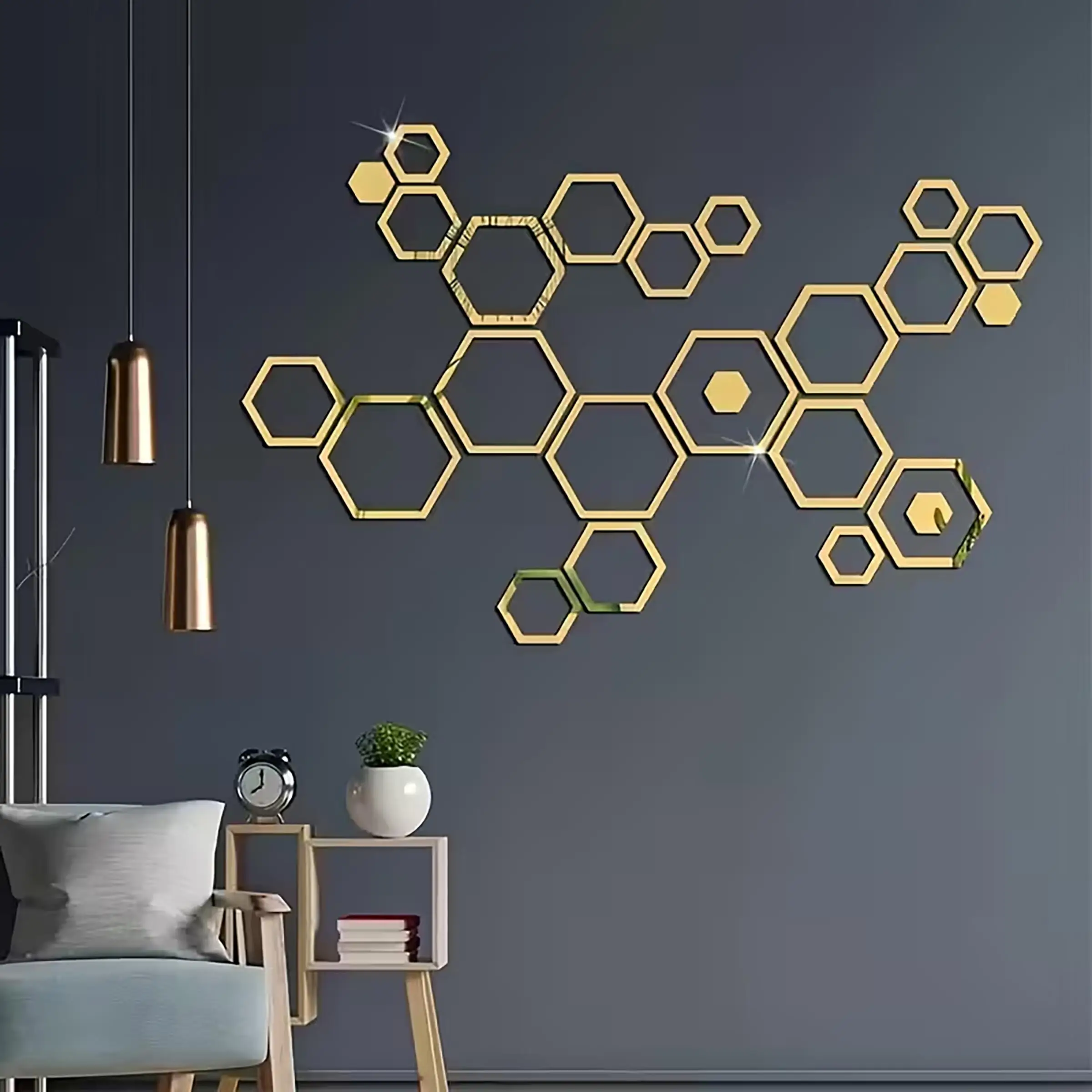 24pcs Hexagon Wall Mirror Stickers - Self-Adhesive Acrylic Decals, Polished Finish, Vertical Orientation, Irregular Shape