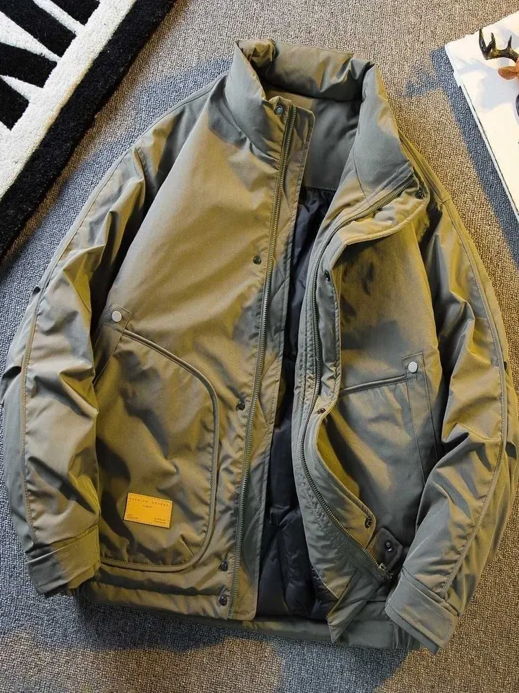 

Мужская зимняя куртка в американском ретро-стиле с воротником-стойкой, утепленная, теплая, стильная, премиум-класса, стандартный крой, длинный рукав, на молнии