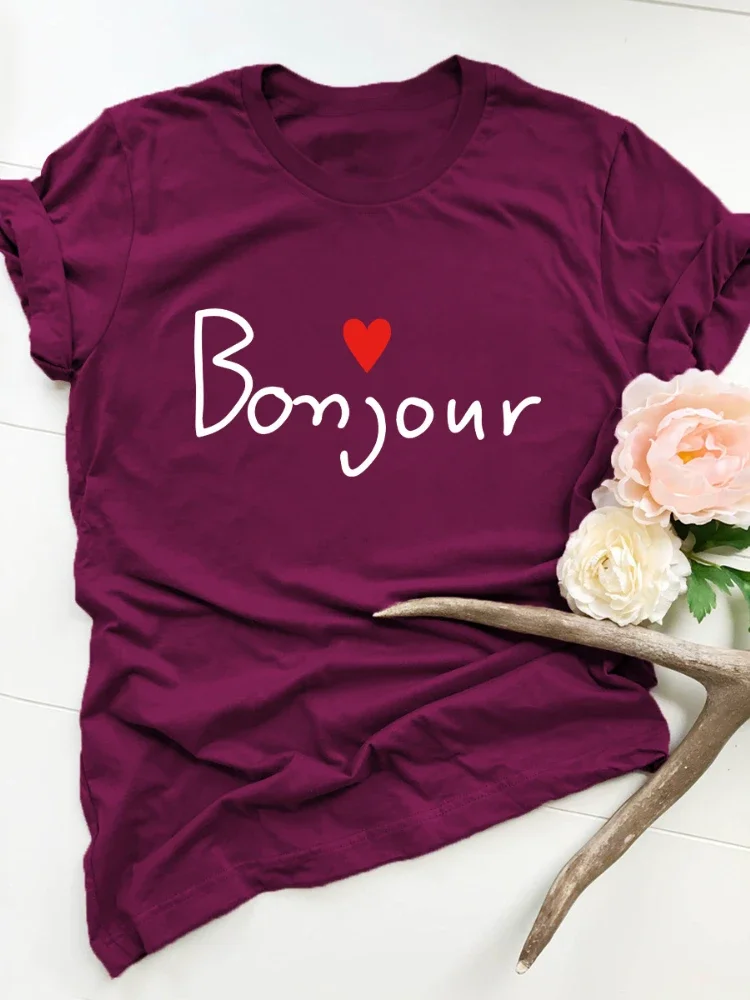 Bonjour Heart Print Women T Shirt Short Sleeve O Neck Loose Women Tshirt Ladies Tee Shirt Tops Clothes Camisetas Mujer