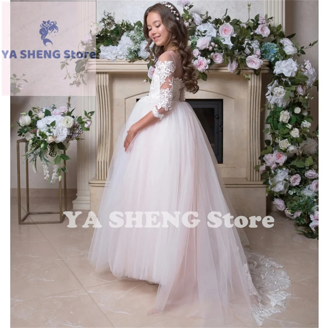 تول منتفخ يزين فساتين نمط مع الذيل ، طويلة الأكمام ، زهرة فتاة ، الزفاف ، عيد ميلاد ، العباءات بالتواصل الأولى