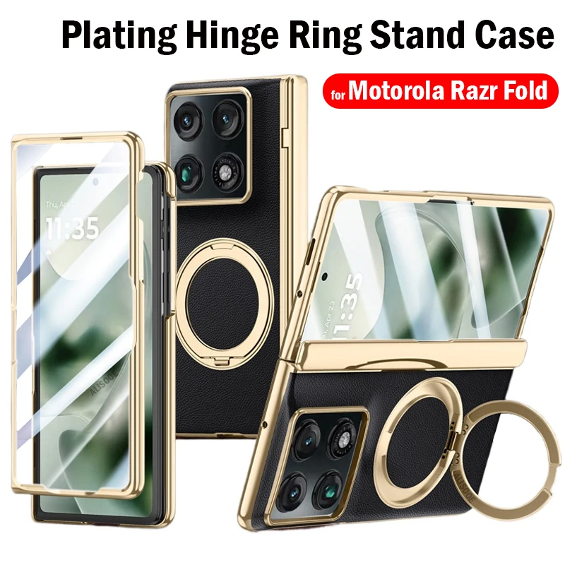 

For Motorola Razr Fold Case Plating Hinge PU Leather Magnetic Ring Stand Shockproof Protective Cover with Front Glass Film