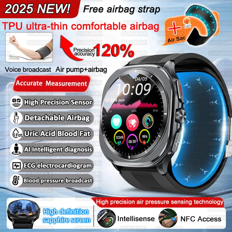 

2025 New Nursing Grade Air Pump Airbag Accurate Measure Blood Pressure ECG+PPG Blood oxygen Smart Watches Men Health Smart Watch