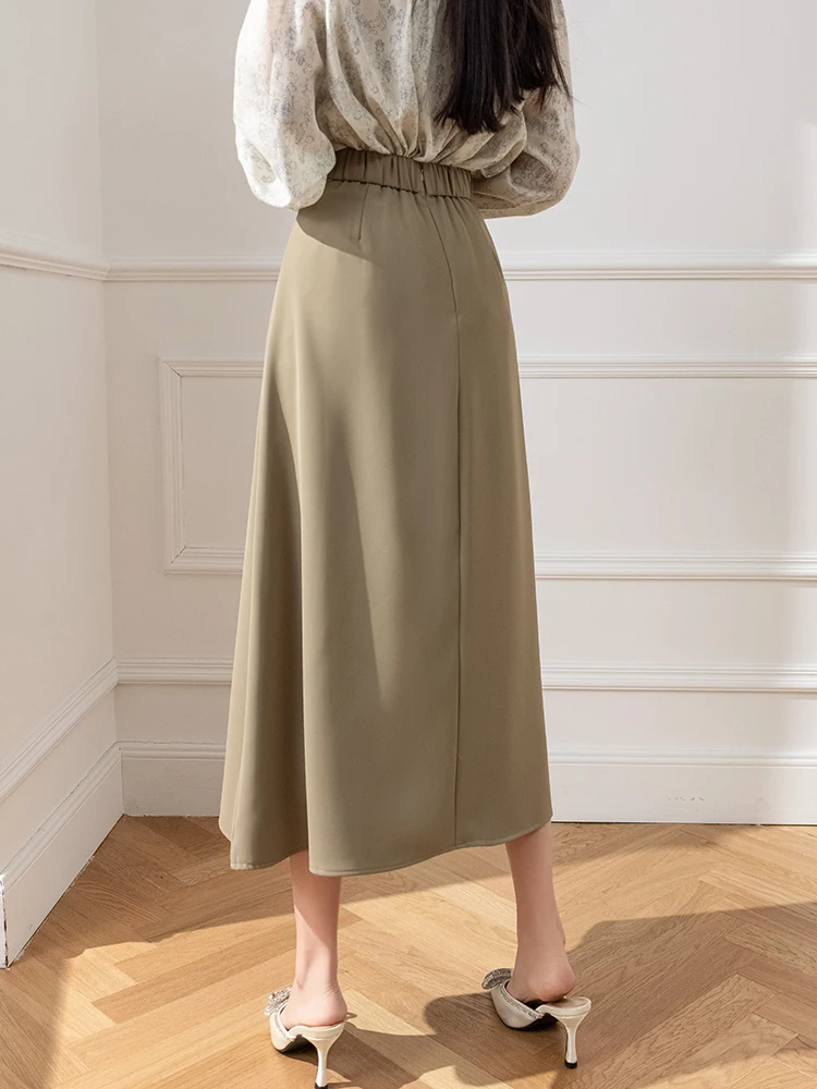 New Arrivals Khaki Women\'s Midi Skirt For Women 2024 Fall Elegant Fashion Office OL A-Line Skirts Female
