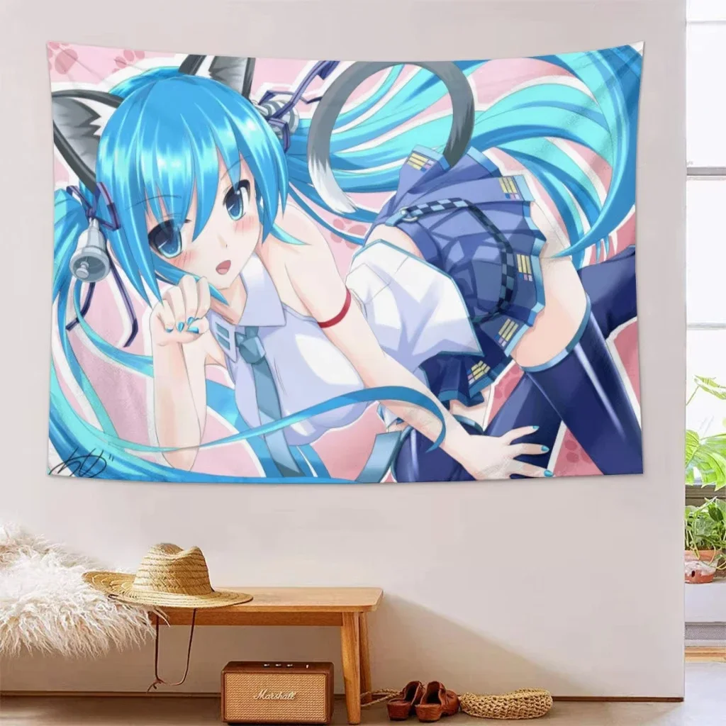 Neko Cat Girl Anime-Wandteppich, blauhaariger Miku-Druck, Polyester-Wandbehang, Kawaii Otaku-Dekor für Schlafzimmer und Wohnzimmer