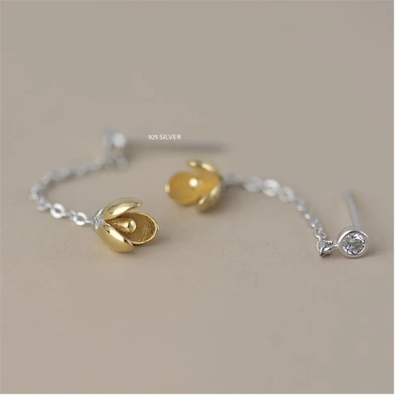 Golden Flower Threader Long Tassel Chain Magnolia Silver Color Drop Earrings For Women Handmade Delicate Jewelry Gift
