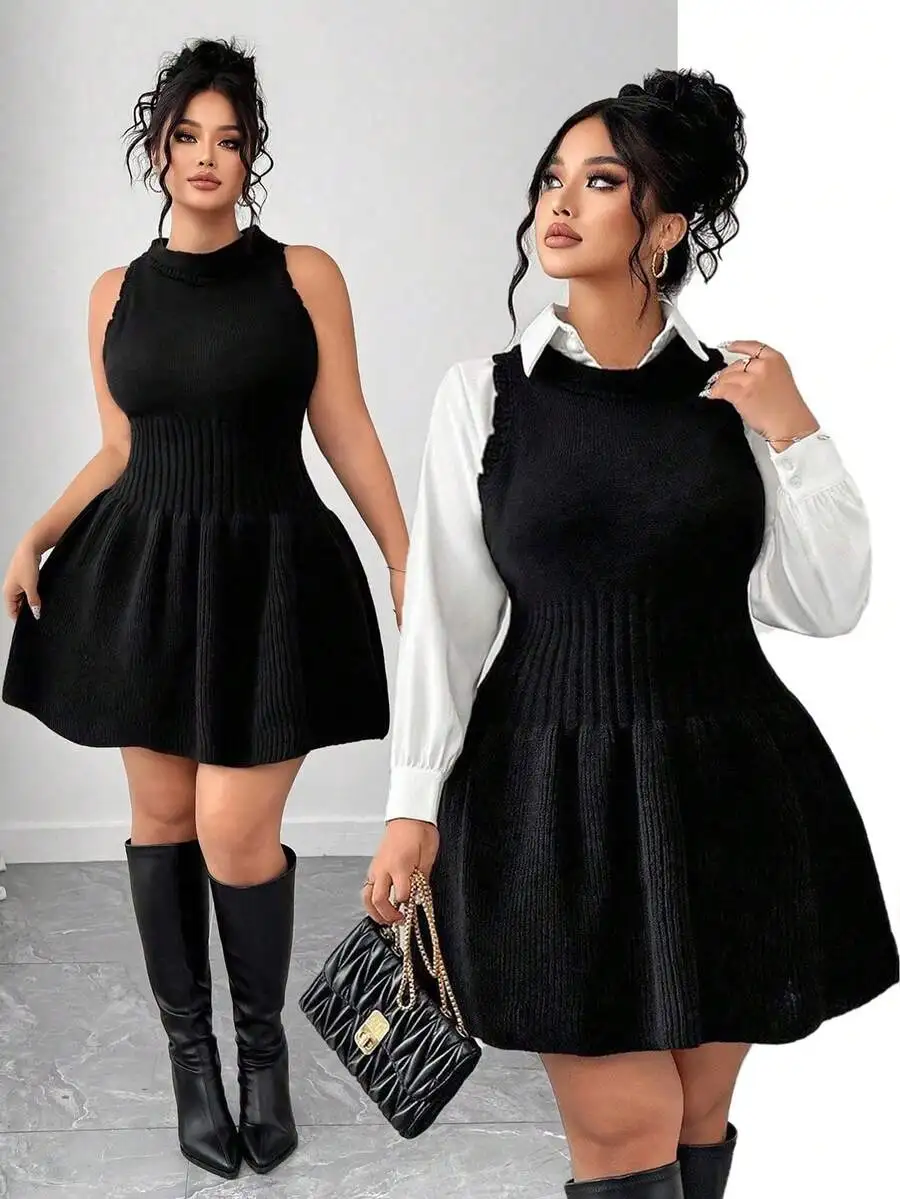 

Black Knitted Sleeveless A-Line Dress with Ruffle Hem for Autumn Winter