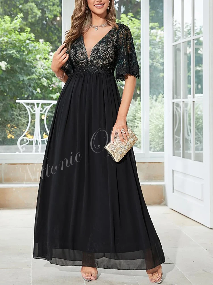 

Black Mother of the Bride Dress Chiffon Lace Appliques V-Neck A-Line Elegant Formal Occasion Evening Prom Wedding Guest 2023 New