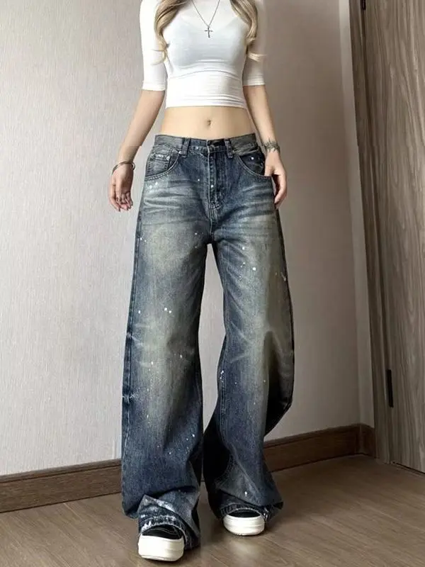 

Retro Street Style Women's High Waist Wide Leg Jeans Knife Washed out Dragged Bottom Casual Loose Fit Denim Pants