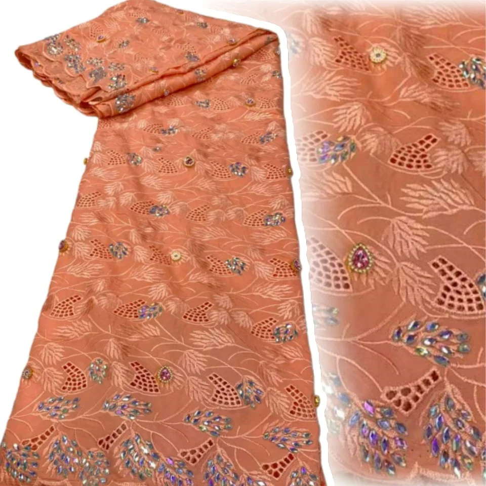 

African Chiffon Cotton Guipure Fabric 2025 Best Quality Austria Chiffon Lace with Crystal Stone for Wedding Evening Dress TP1783