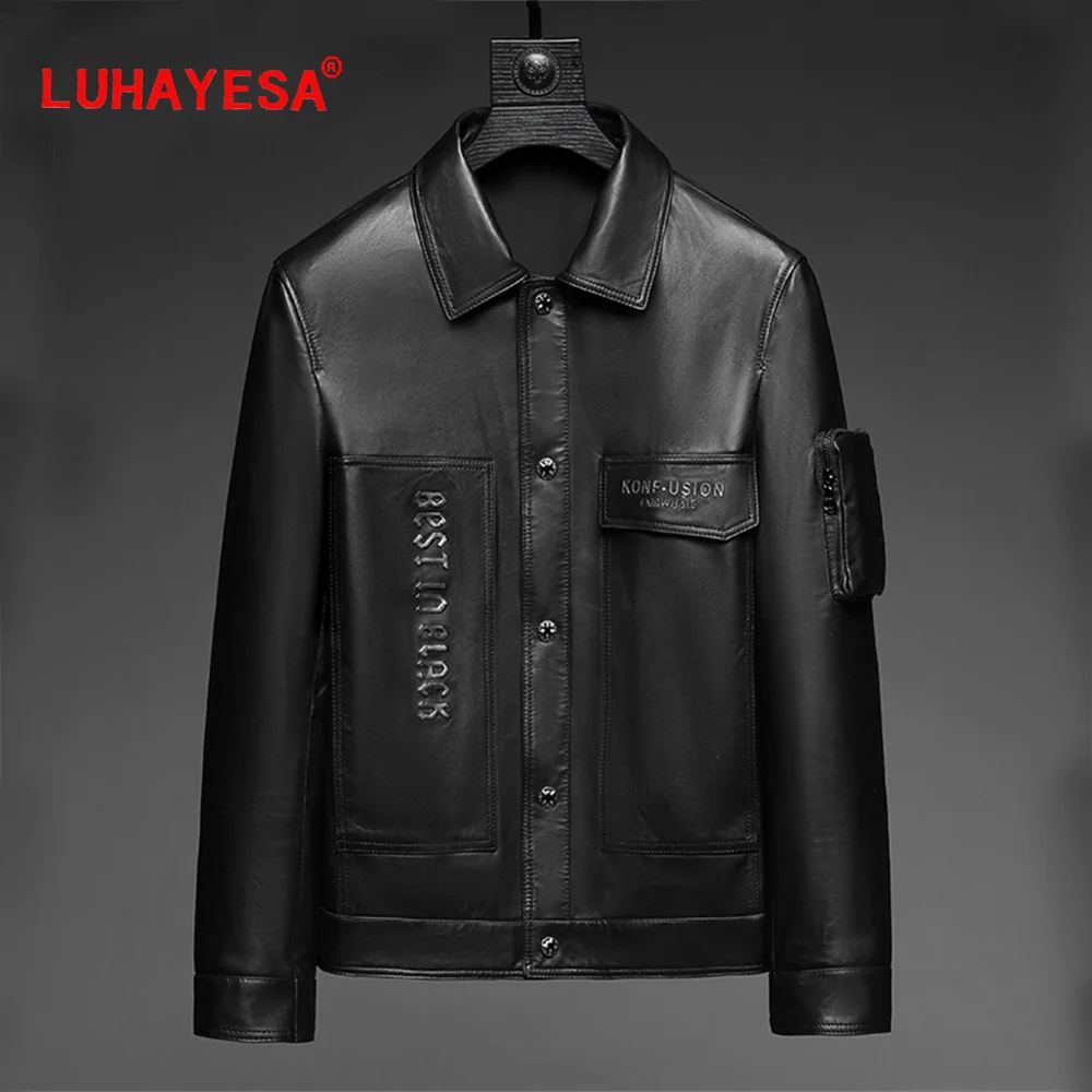 

LUHAYESA 2022 Real Sheepskin Leather Clothing Men Spring Autumn Genuine Leather Jacket Red Yellow Sheep Coat