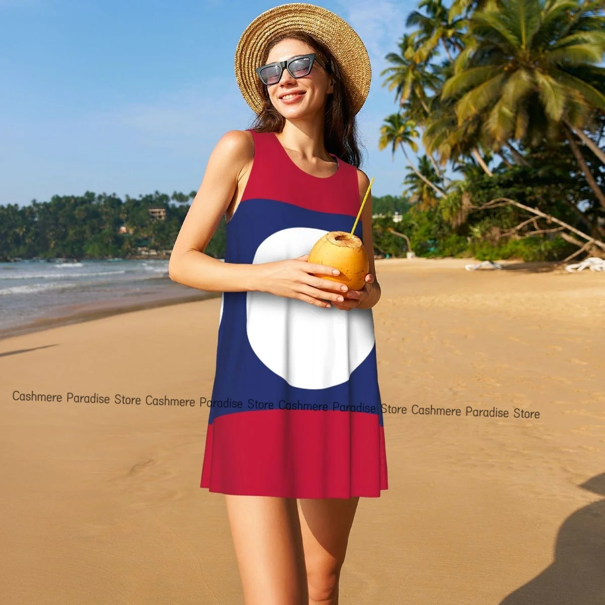 Women's Dress Laos Flag Summer Casual T Shirt Dresses Beach Cover up Tank Dress