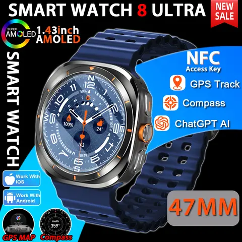 2026 New Watch 8 Ultra Sport Smart Watch Men AMOLED HD Screen NFC GPS Compass Heart Rate Waterproof Bluetooth Call SmartWatch
