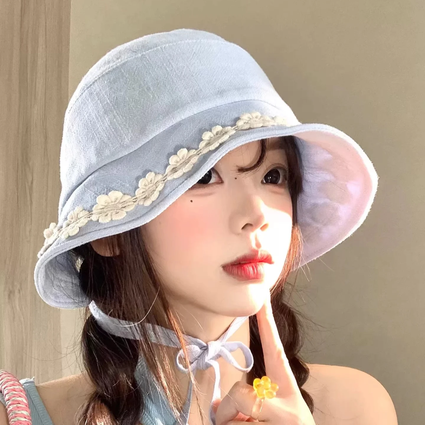 Sunscreen visor hat women's thin cotton and linen hat flower strap bucket hat breathable
