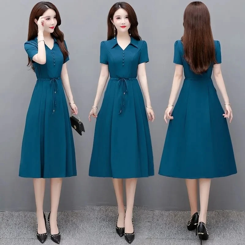 Summer Casual Short Sleeve Shirt Dress For Women 2022 Korean A-Line Robe Femme Fashion Midi Dresses Vestidos Elegante De Verano