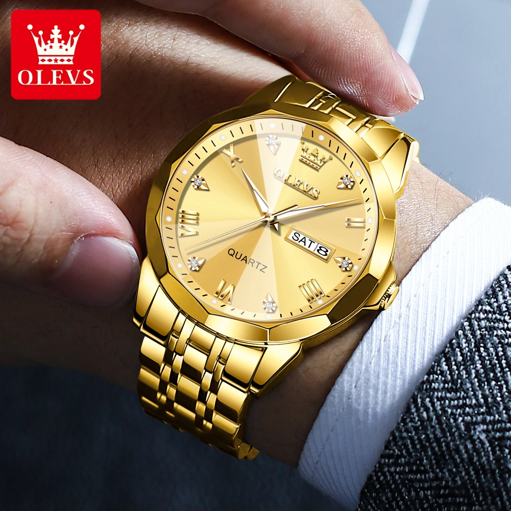 OLEVS Top Men‘s Watches Gold Original Quartz Wristwatch Waterproof Luminous Watch for Male Rhombus Mirror Date Week Luxury Dress