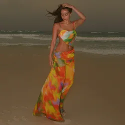 Women Cover Up 2024 Pink Floral Printed Dress Two-piece Elegant Beach Dresses Shoulder Strappy Sleeveless Bathing Suit Beachwear