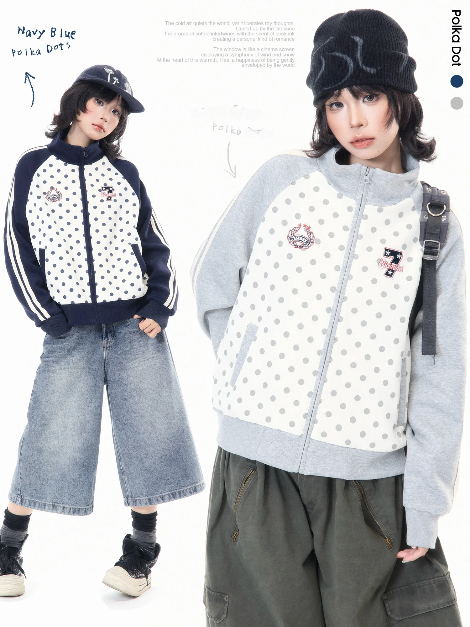 

Loose Fit MKGO Korean Style Embroidered Polka Dot Open Cardigan Sweatshirt for Women Spring Season Sporty Stand Collar Outerwear