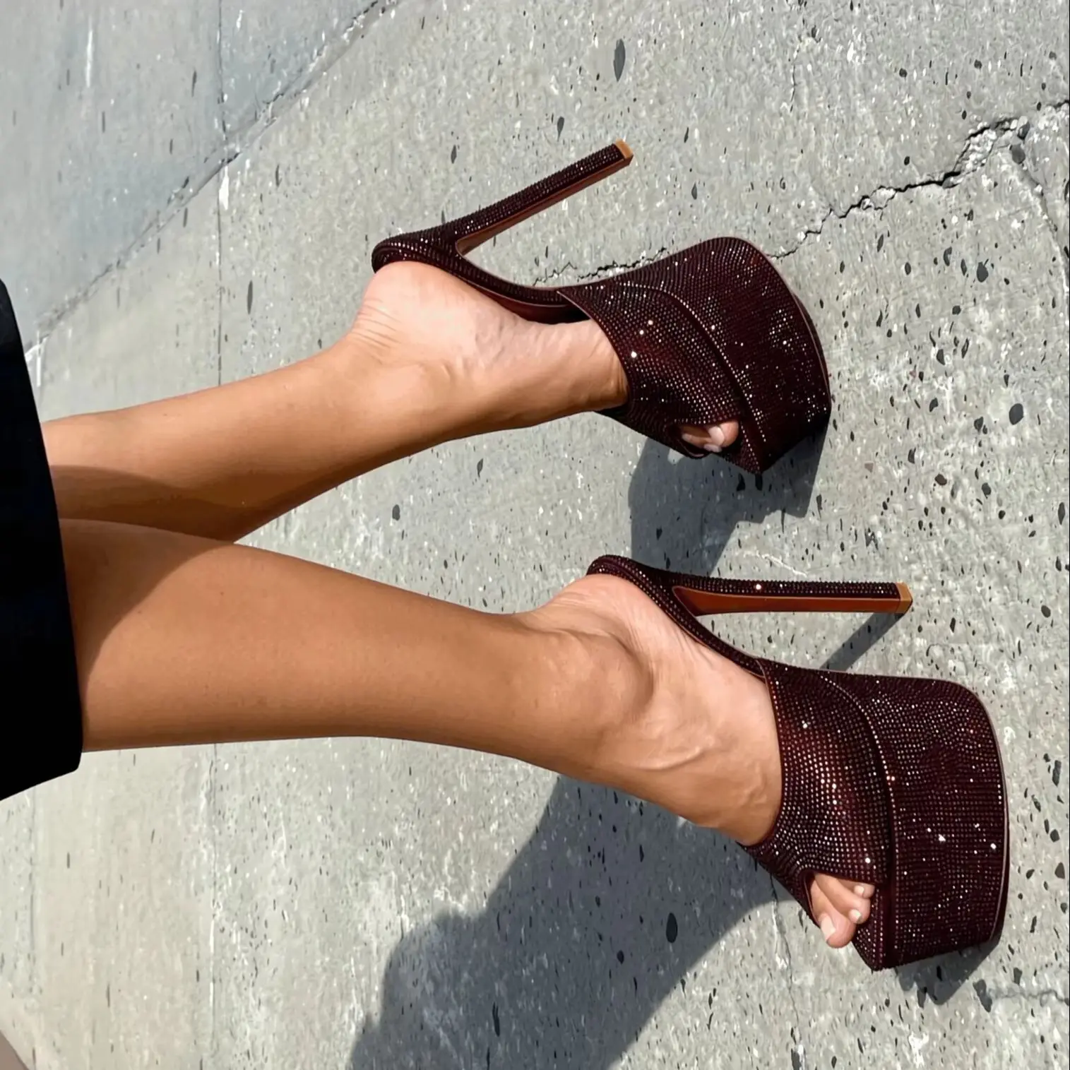 Blue Rhinestones Stiletto Heels Slippers Pointy Toe Thin High Heeled Elegant Party Shoes 2026 New Luxury Mules Plus Size 44 Sexy