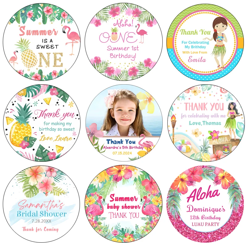 Hawaiian Party Stickers Custom Thank You Label Stickers Flamingo Themed Summer Tropical Wedding Birthday Decor Kid Gift Supplies