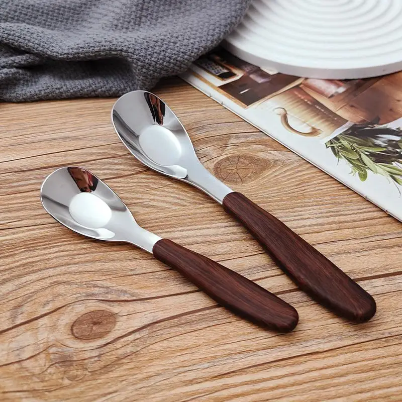 (Ce14)Stainless Steel Spoon With Imitation Wood Grain Handle Home Kitchen Tableware Dinnerware Dinner Dessert Rice Soup Gadget