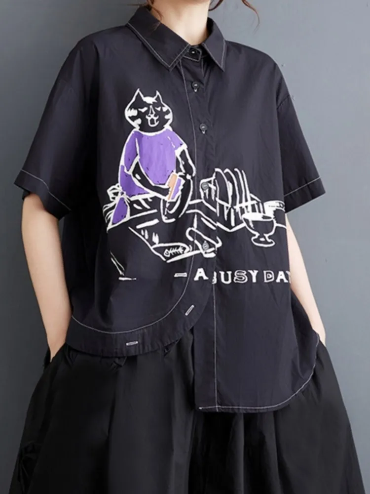 Oversized Summer Shirt Tops Women Cartoon Graffiti Print Modis Casual Ladies Cropped Blouses Short Sleeve Loose Woman Shirt Tops