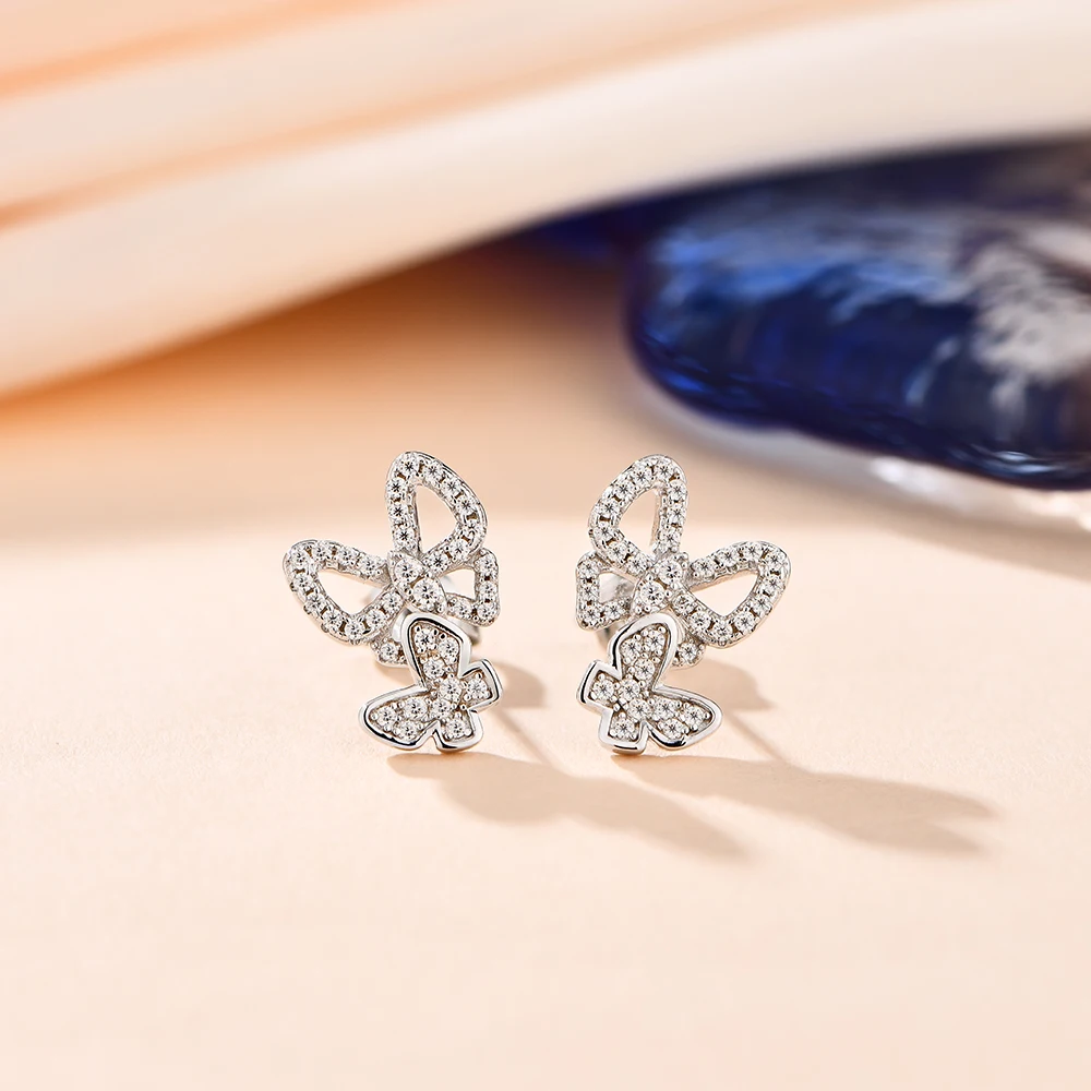 Attagems New Moissanite Earrings Christmas Butterfly Suit Stud Earrings for Women 925 Sterling Silver Sparkling Wedding Jewelry